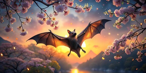 A nocturnal creature soars gracefully amidst a breathtaking sunset, its wings catching the golden light as it glides effortlessly through the delicate blossoms of a flowering tree.