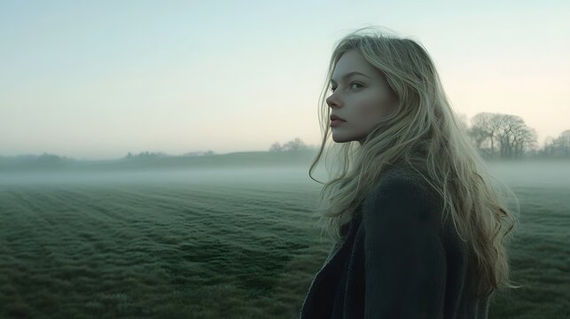 A pensive figure stands amidst a misty field at dawn.