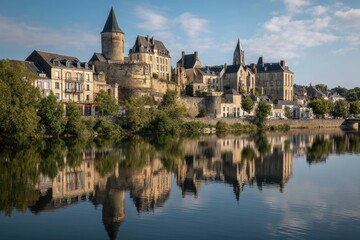 Obraz premium Stunning Daytime Reflection of Laval's Architectural Majesty on the Mayenne River, Pays de Loire, France