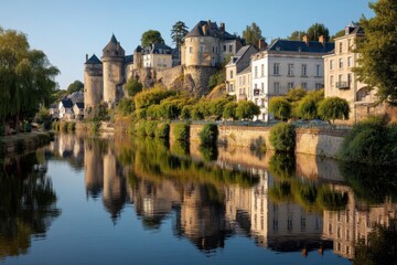 Obraz premium Stunning Views of Laval: Architectural Marvels and Picturesque Reflections Along the Mayenne River