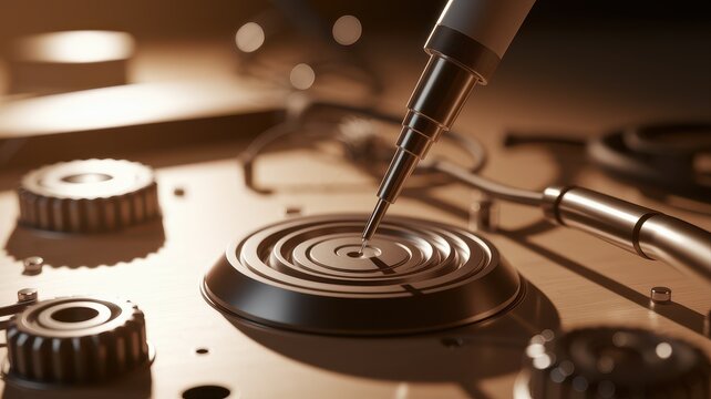 Check signal strength concept. Detailed close-up of a precision instrument on a surface with circular patterns and metallic elements.