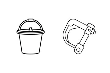 Simple line art illustration of a bucket and a metal clamp design for various applications