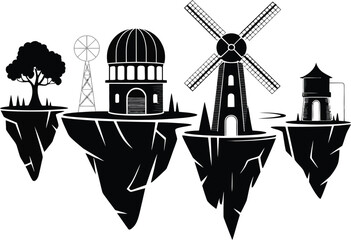 Abstract Architectural Silhouettes – Domed Building, Windmill, and More in Black and White