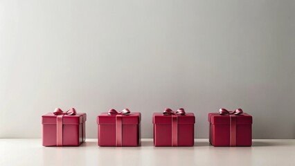 Fototapeta premium A Row of Four Elegant Crimson Presents with Ribbons on a Neutral Surface