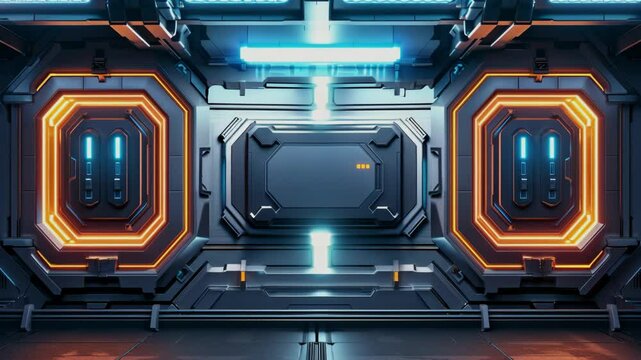 Futuristic wall design with blue and yellow neon lights, featuring hexagonal panels on the front of an off-white metal frame structure, Generative AI Videos.