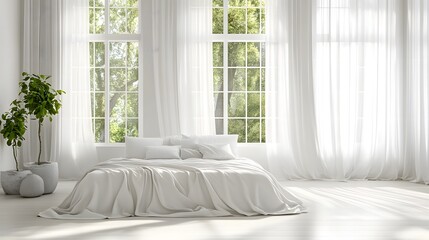Modern bedroom interior with large windows and soft light.