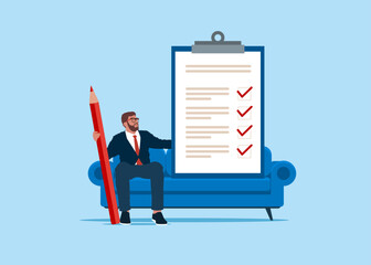 Job vacancy. Businessman holding red pencil and fill list while comfortably sitting on a couch. Interview assessment. Survey form with red pencil. Modern vector illustration in flat style