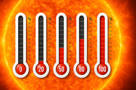 Thermometers showing rising temperature levels from 0 to 100 percent in front of burning sun, concept of global warming, climate change, extreme heat, energy crisis, and environmental temperature scal