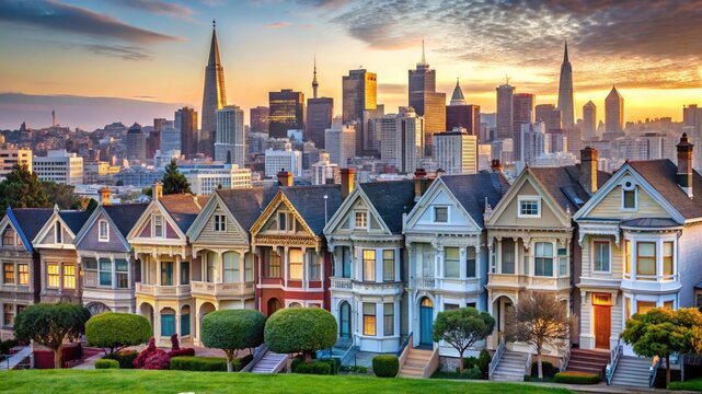 Colorful victorian houses in san francisco with a sunset view of the city skyline