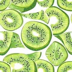 Fototapeta premium Bright and juicy tropical fruit pattern featuring green kiwi slices and minimalist seed dots. --tile 