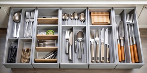Obraz premium Organized Kitchen Utensil Drawer with Wooden Accents and Gray Dividers