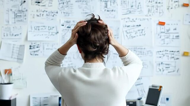 Overwhelmed designer struggles with project ideas in a creative workspace cluttered with sketches and notes