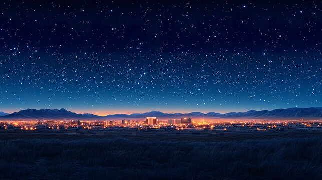 Bright lights and architectural landmarks of Las Vegas under a clear starless sky  