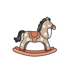 Illustration of wooden cartoon rocking horse on white background, for children's projects, cards, invitations