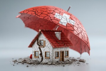 Protection Concept with Cracked House Under Swiss Flag Umbrella