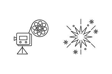 Simple film reel movie camera and starburst element vector illustration in outlined black style.
