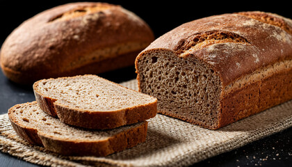 Rye gluten free bread, on canvas, on black background, AI generated.