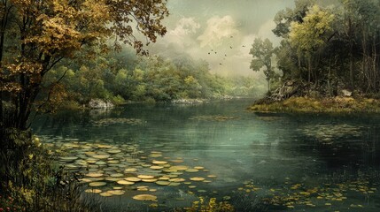 Fototapeta premium A tranquil, autumnal forest lake scene.