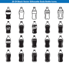Twenty Black Soda Bottle Icons Silhouette vector collection.