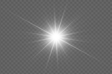Bright light burst effect with radial glow. Abstract sunbeam with spark, shine and bokeh. Glowing glare on transparent background. Vector illustration for vibrant sunny designs.