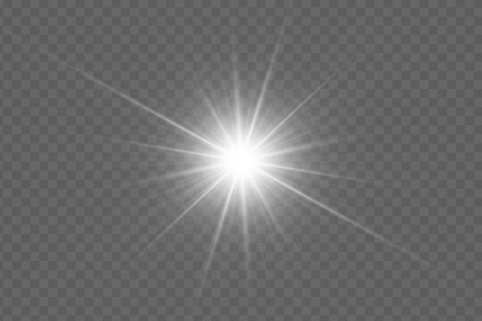 Bright light burst effect with radial glow. Abstract sunbeam with spark, shine and bokeh. Glowing glare on transparent background. Vector illustration for vibrant sunny designs.