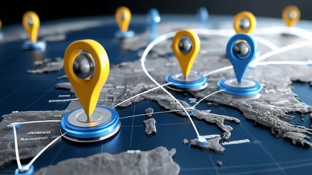 Global Network Connection: A 3D rendering of a world map showcasing multiple interconnected location pins, symbolizing global reach and connectivity. 