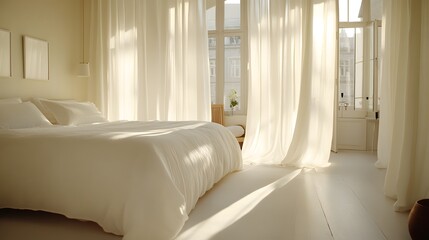 Sunlight streams into a bright bedroom with white linens.