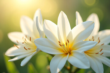 Beautiful close up of white flowers with yellow centers illuminated by soft sunlight in a garden