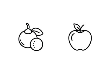 Simple line art illustration of fruits including an apple and orange on white background