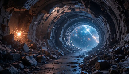 Obraz premium An underground tunnel wall made of collapsed star remnants, cold and pulsing with dormant magnetic fields