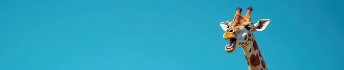 Naklejka premium Amazed giraffe portrait, open mouth, blue background, blue, whimsical, long neck