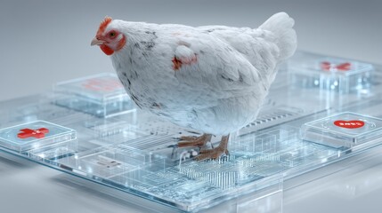 White Chicken Standing on Futuristic Transparent Digital Platform