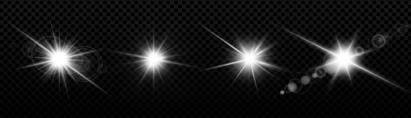 Glowing light flare set with bright lens effect and sparkles. Realistic starburst and radial beam on transparent background. Dynamic shine and glitter for festive or cosmic design. Vector illustration