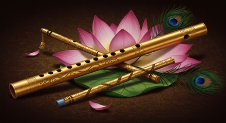 Golden Flutes Displayed with Lotus Flower and Peacock Feathers Art