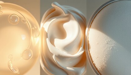 Three Segment Macro Display Featuring Water Droplets Cream Swirl and Tiny Beads on Gradient Background in a Modern Composition