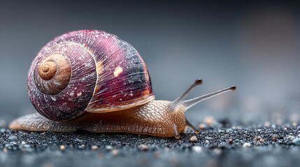 A brown snail slowly crawls across a grey granite surface with a softly blurred background. Symbolizes patience, resilience, and the beauty of small life in a calm, natural environment.

