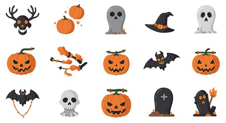 Halloween Icons Collection with Pumpkins, Bats and Skulls