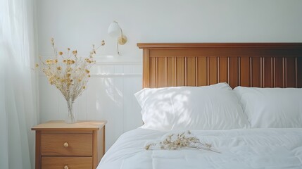 Simple bedroom scene with natural light and dried flowers.