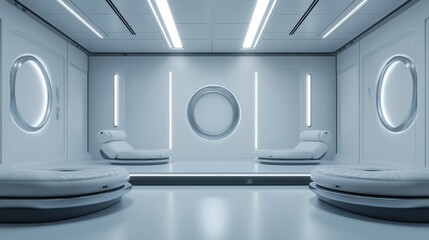 A futuristic scene featuring 3D-rendered robotic toys on a sleek white stage, with blank areas for text