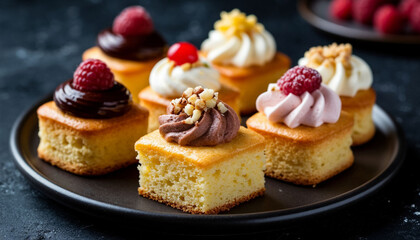 Tiny Petits fours biscuit cakes, on dark background, professional photography, AI generated.