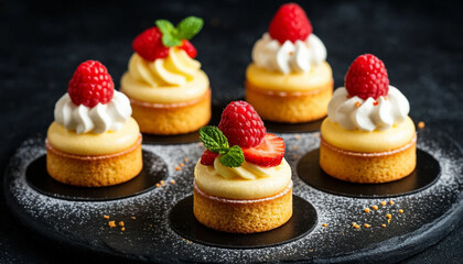 Tiny Petits fours biscuit cakes, on dark background, professional photography, AI generated.