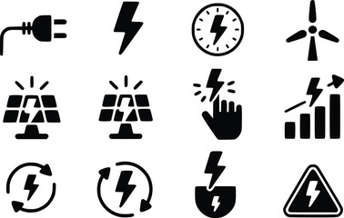 Vector Electricity Symbols: Plug, Meter, Wind Turbine, Solar Panel