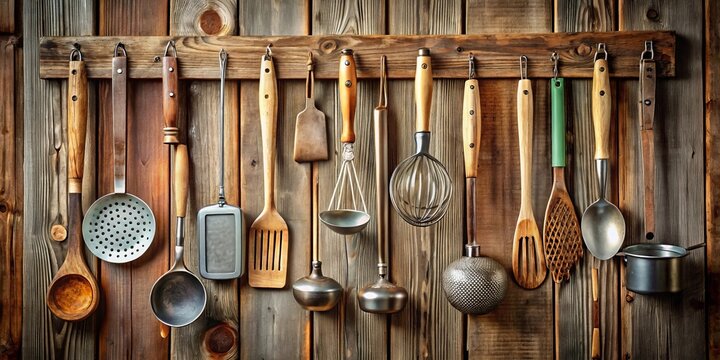Rustic Kitchen Utensils Hanging on Weathered Wooden Wall, a Culinary Still Life Featuring Vintage Cooking Implements