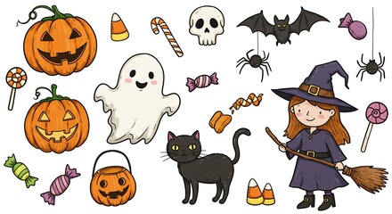 Cute Halloween Illustrations with Witch, Pumpkin, Ghost, and More