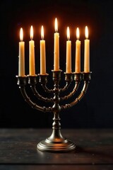 Fototapeta premium Gleaming vintage menorah on dark wood, Hanukkah candles lit , wooden, dark, light