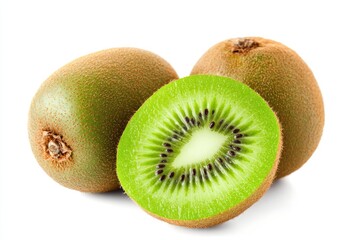 Obraz premium Fresh kiwi fruit, whole and halved, displaying vibrant green flesh and brown fuzzy skin