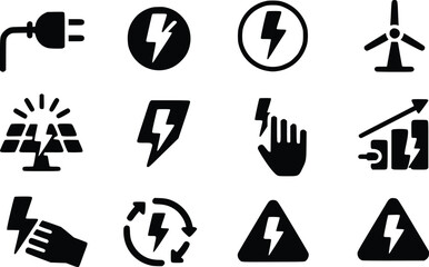 Vector Electricity Symbols: Plug, Meter, Wind Turbine, Solar Panel