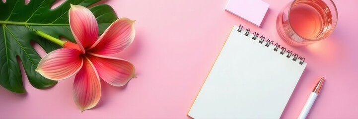 Fototapeta premium Pink background, business card mockup, notepad, pen, tropical flower, water glass, flat lay , template, creative