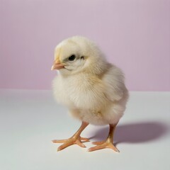 Fototapeta premium Cute Yellow Baby Chick Isolated on White. Fluffy Newborn Chicken Chick. Small Yellow Chick Standing