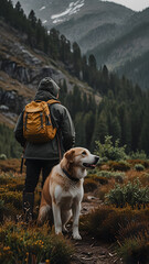 A man and his red dog against a mountain background, walking along a mountain path. Surrounded by mountains, a man in a jacket with a yellow backpack.